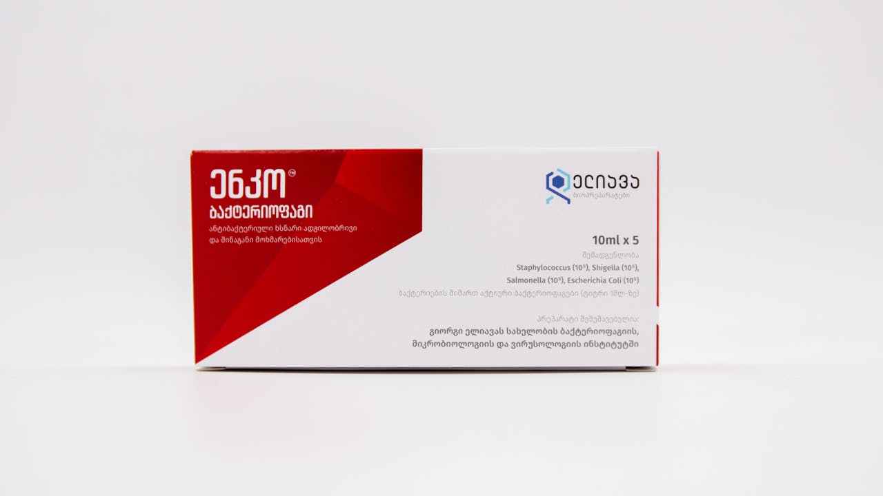 gallery-05 Close-up of a branded medical package for antibiotic medicine on a white background.